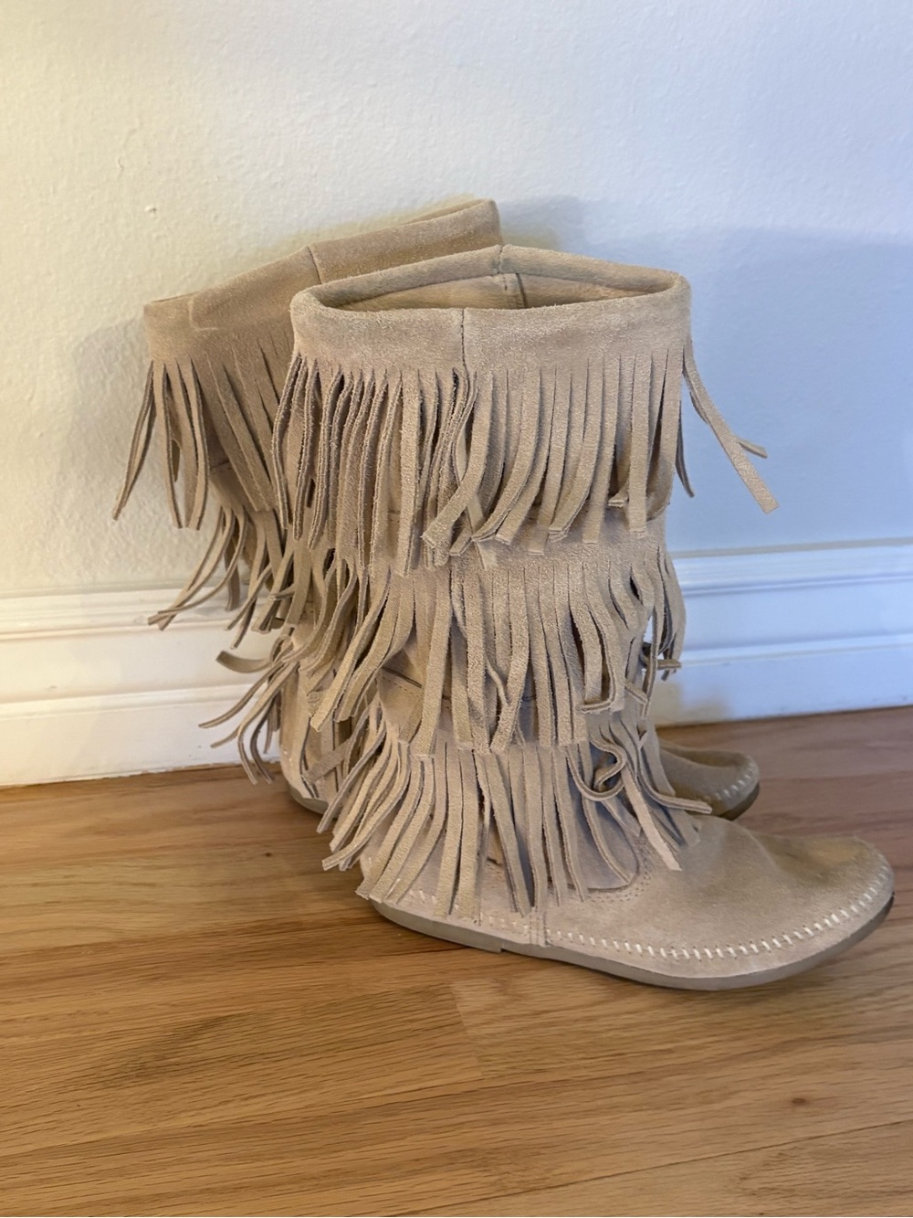 Minnetonka Beige Suede Triple Fringe Moccasin Boots - Women's